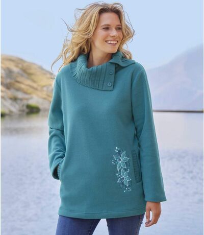 Women's Embroidered Fleece Sweater - Turquoise