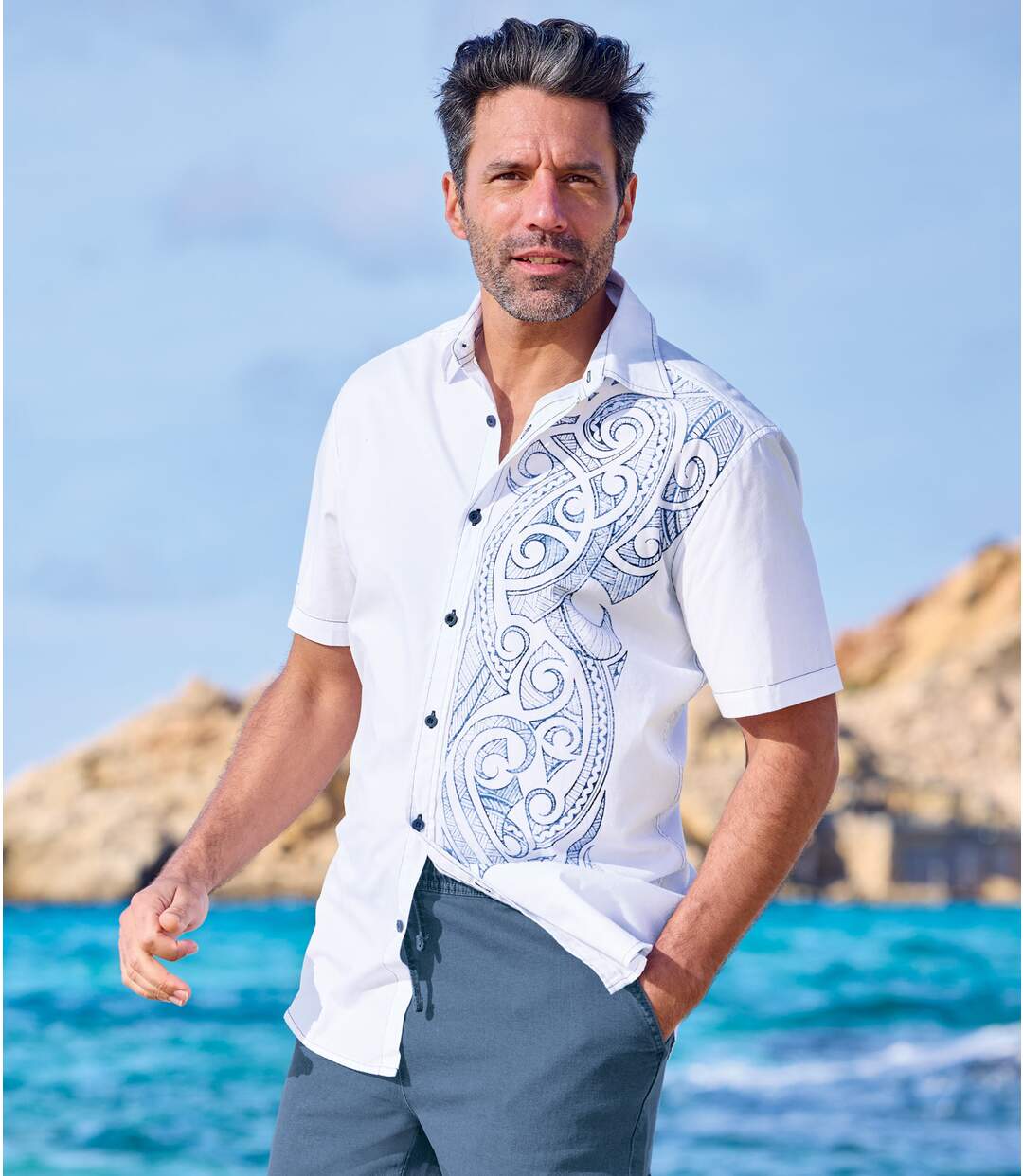 Men's White Printed Poplin Shirt 