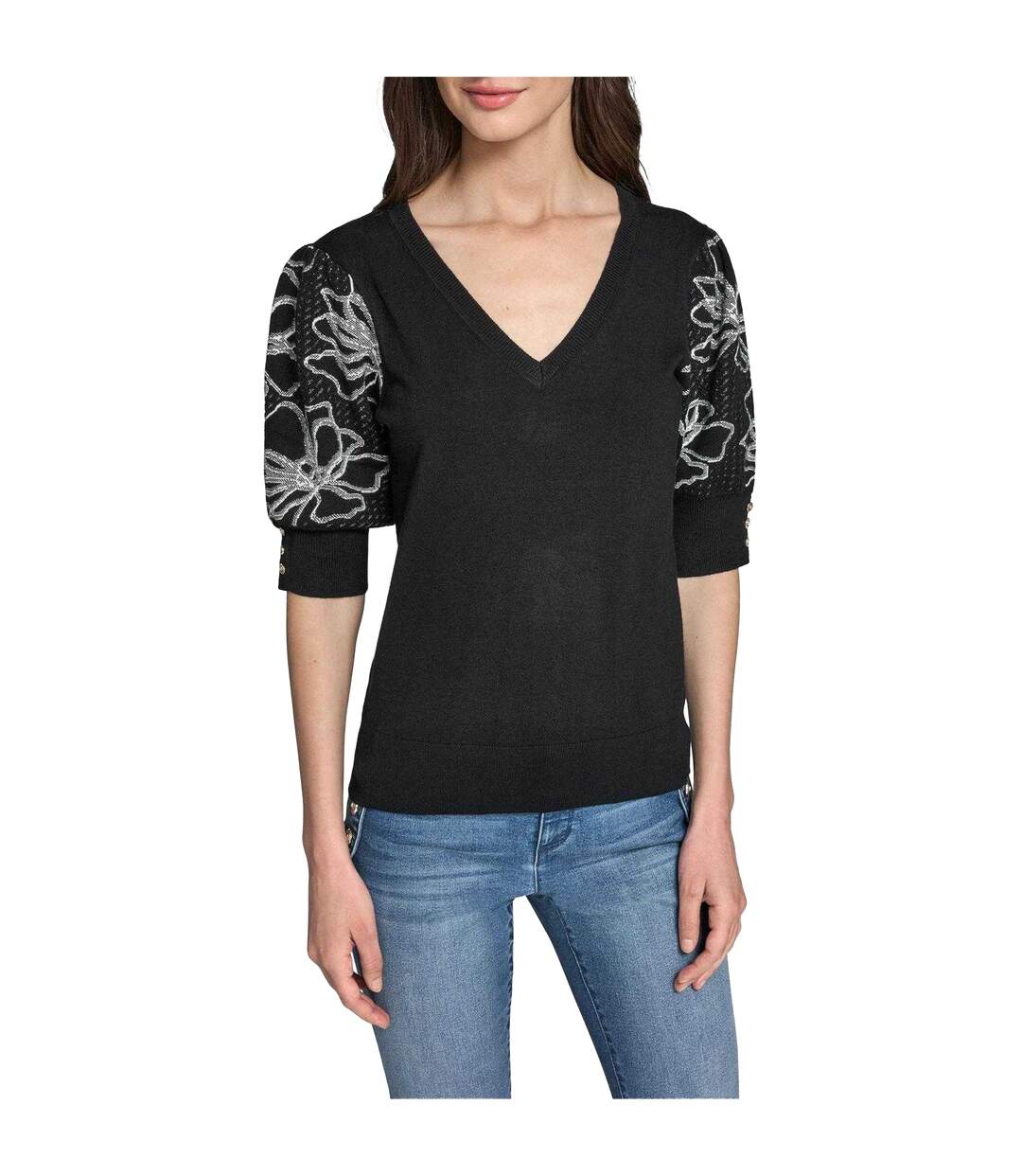 Womens/ladies Knitted Puff Sleeve Top Black Karl Lagerfeld-2