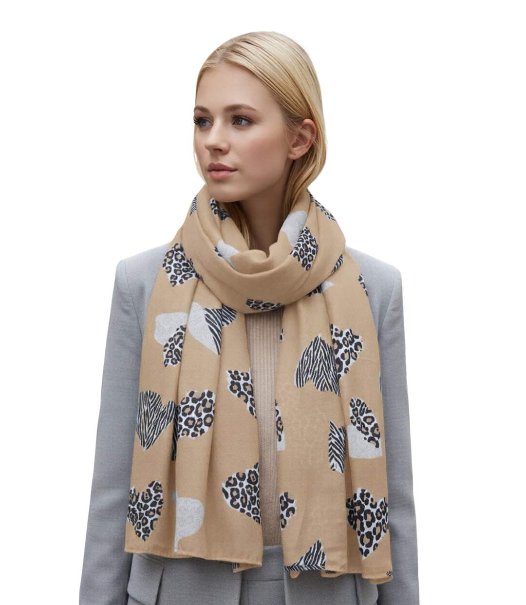 Foulard léger coeur léopard pour femme - Couleur camel-1