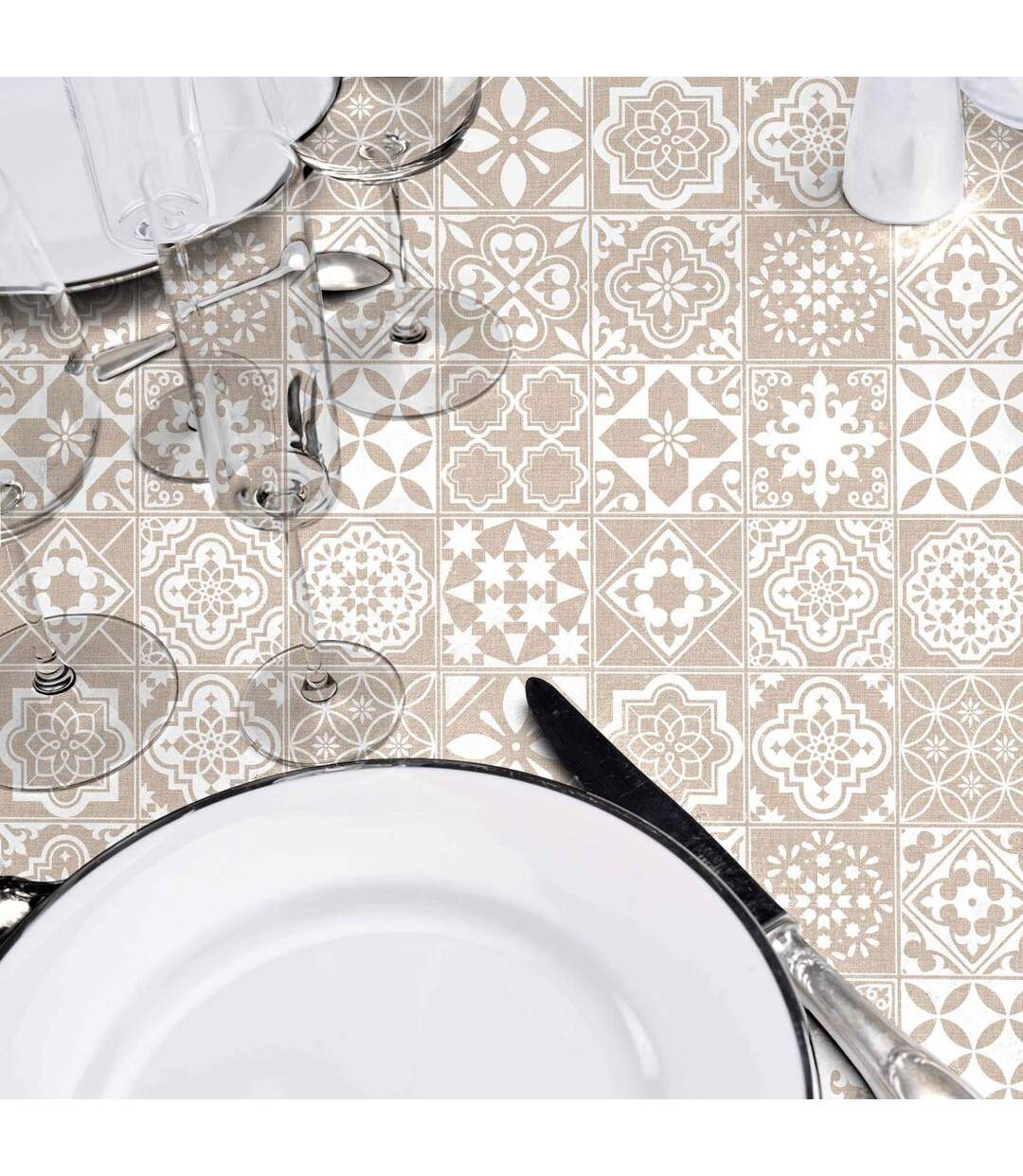 Nappe Toile Cirée Carella 140x240cm Beige & Blanc-3