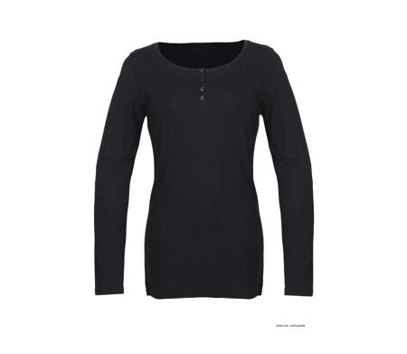 MAYFLOWER - Tee-shirt manches longues noir uni en viscose stretch avec col à 4 boutons