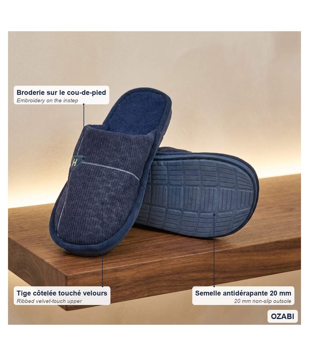 OZABI Pantoufles Ouvertes Homme Antidérapantes Côtelé Velours Broderie-4