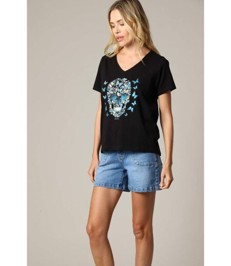 T-shirt femme 100% coton à manches courtes et col V avec motif imprimé glitter BUTTERSKULL