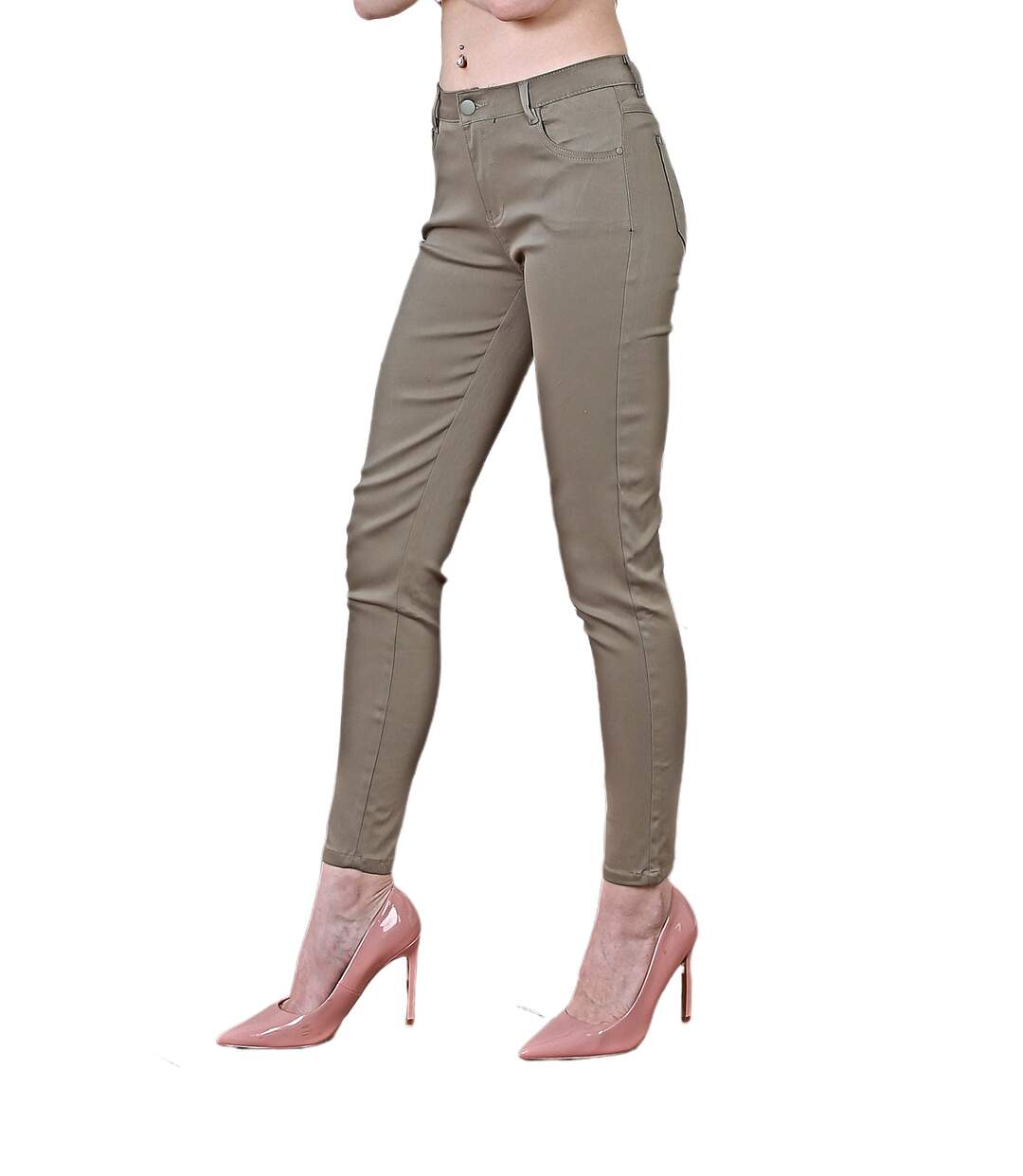 Jean femme slim fit kaki - Jean femme taille haute coton / lycra.