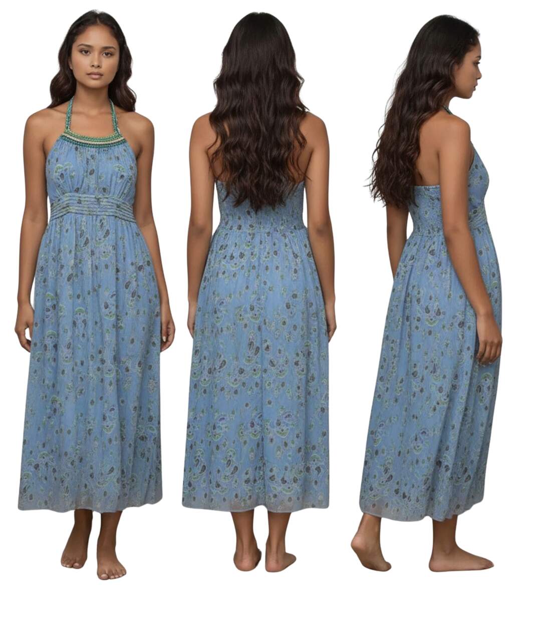 Robe longue femme sans manches imprimé floral bleu - Dos nu à  volants et perles - Style estival élégant-2