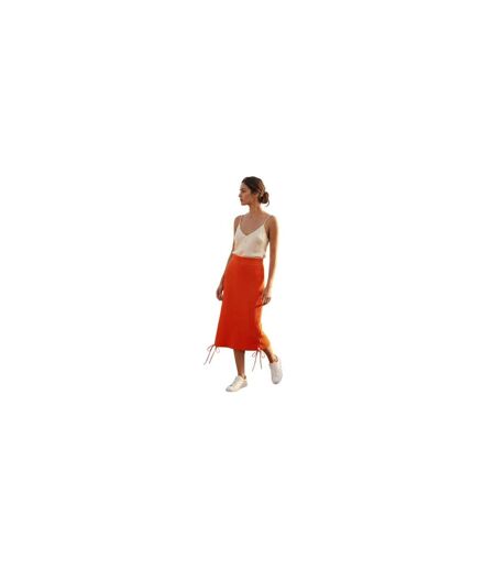 Womens/ladies Knitted Side Tie Slim Midi Skirt Coral Red Off White