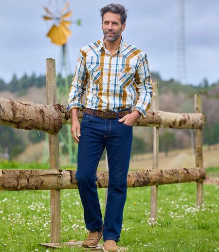 Men's Ecru Checked Shirt - Ecru Yellow Blue