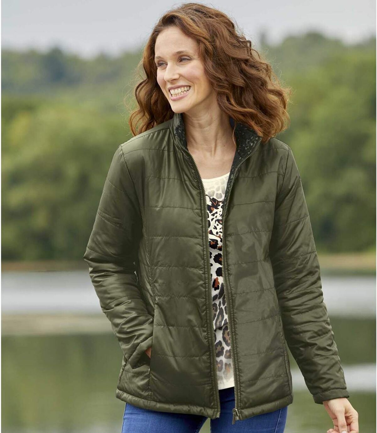 Women's Water-Repellent Reversible Puffer Jacket - Full Zip - Khaki Atlas For Men
