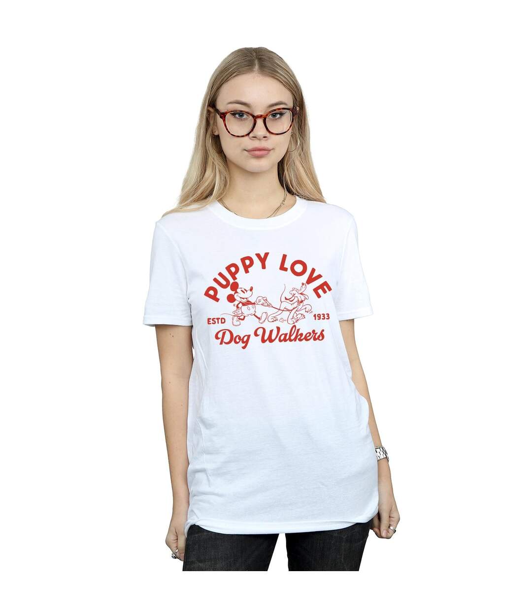 Disney Femme/Les femmes Mickey Mouse Puppy Love Cotton Boyfriend T-Shirt (Blanc) - UTBI38070-2