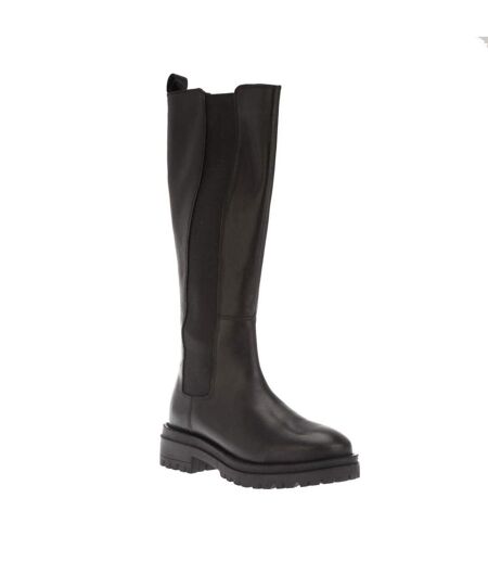 Womens/ladies Leather Elasticated Panel Knee-high Boots Black Dune London