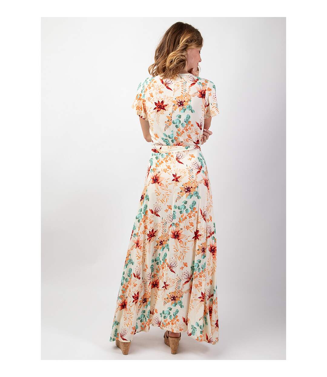 Robe longue fluide cache-coeur SAKURA imprimé fleurs romantique Coton Du Monde