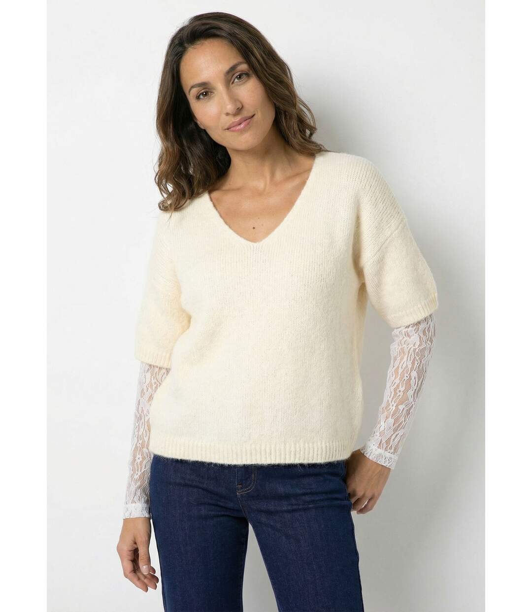 Pull chaud 2 en 1 avec manches dentelle-1