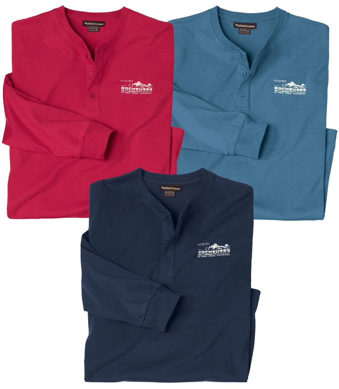 Pack of 3 Men's Henley-Neck Tops - Navy Red Blue-1