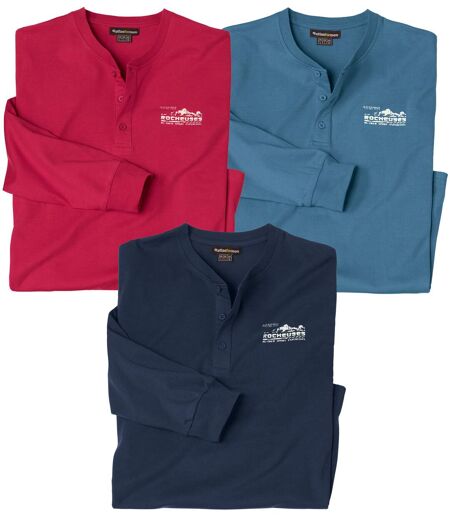 Pack of 3 Men's Henley-Neck Tops - Navy Red Blue 