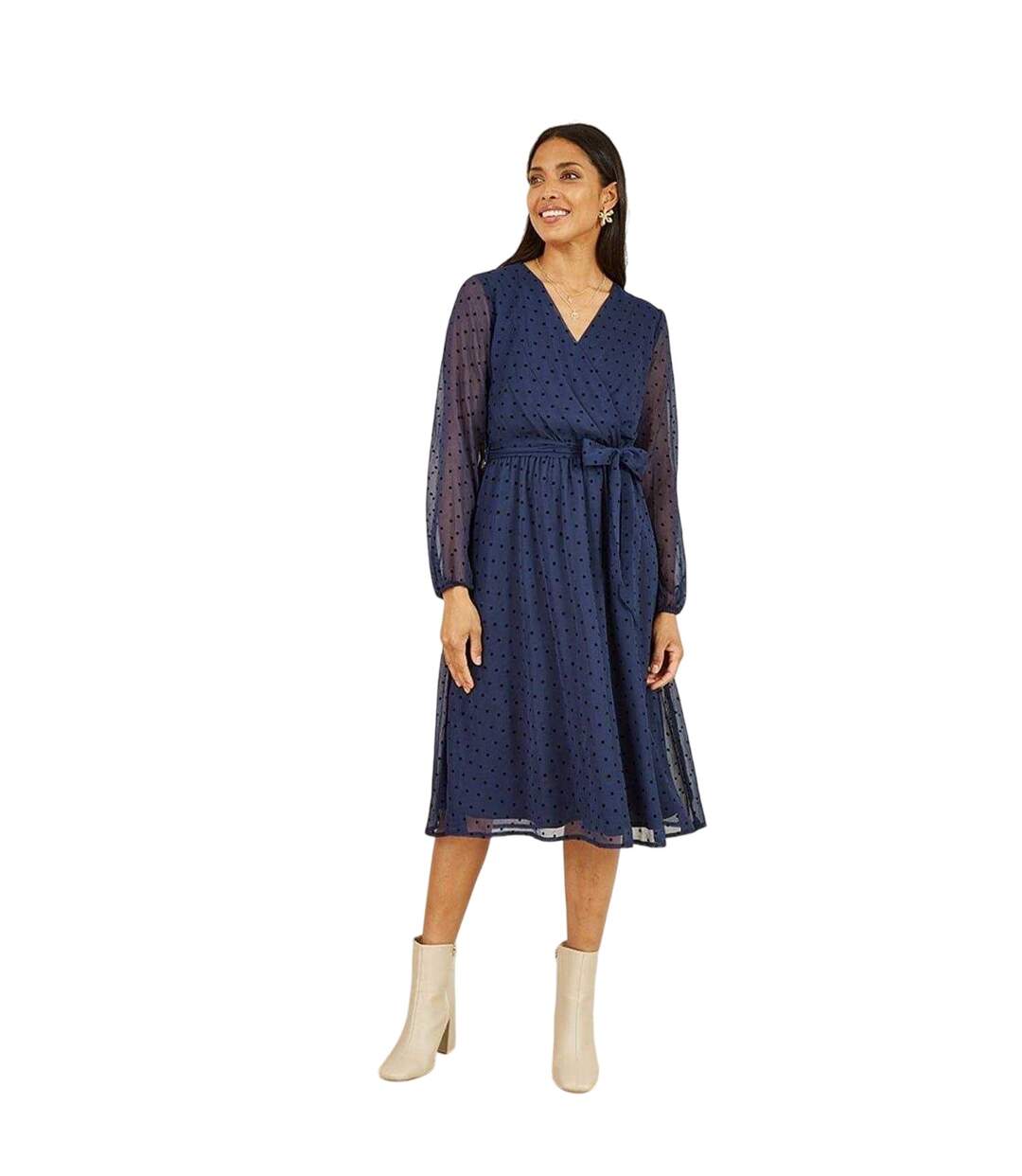 Womens/ladies Dobby Spotted Wrap Dress Navy Mela London-4