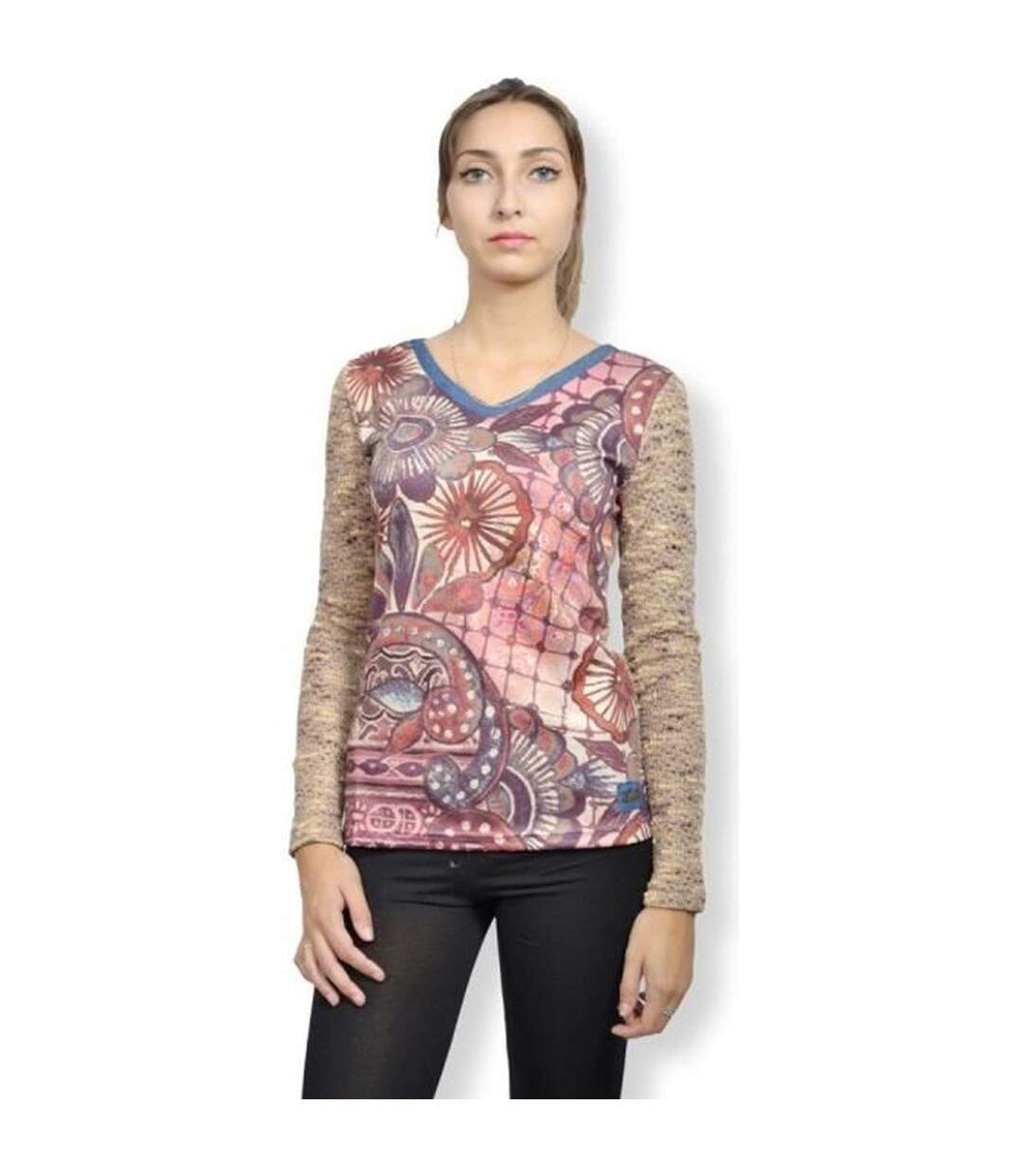 Tee shirt femme manches longues col en V  motifs abstraits-1