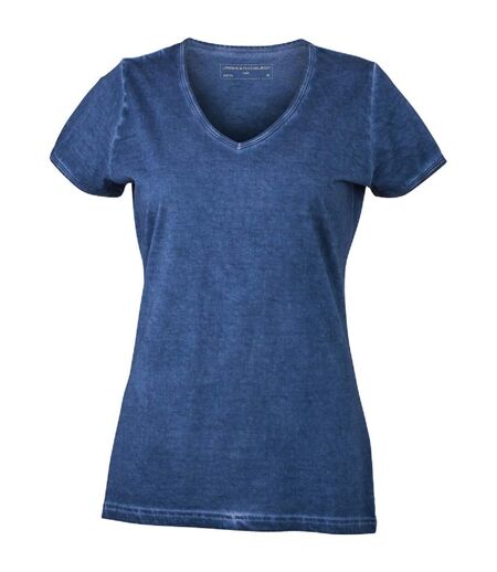 T-shirt style bohémien col V femme JN975 - bleu denim