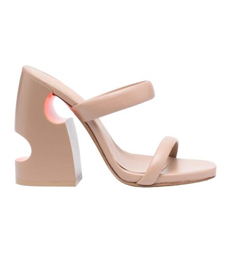 Womens/ladies Leather High Block Heel Mules Beige Orange Off White