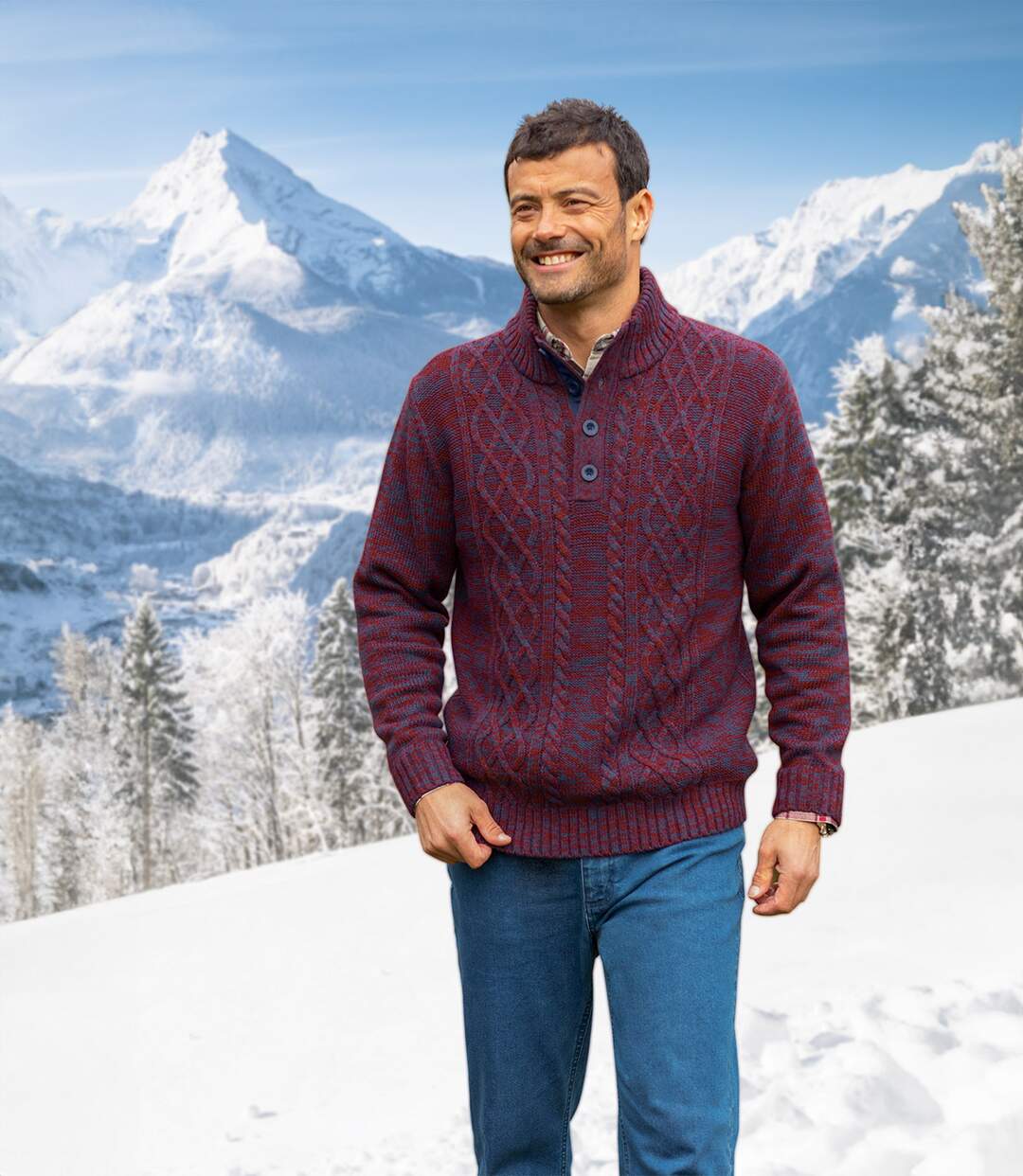 Men's Burgundy Button-Neck Jumper