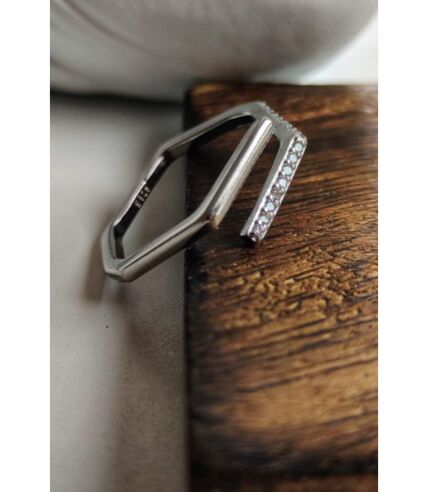 Hexagonal Silver Elegant Zircon Geometric Stackable Ring