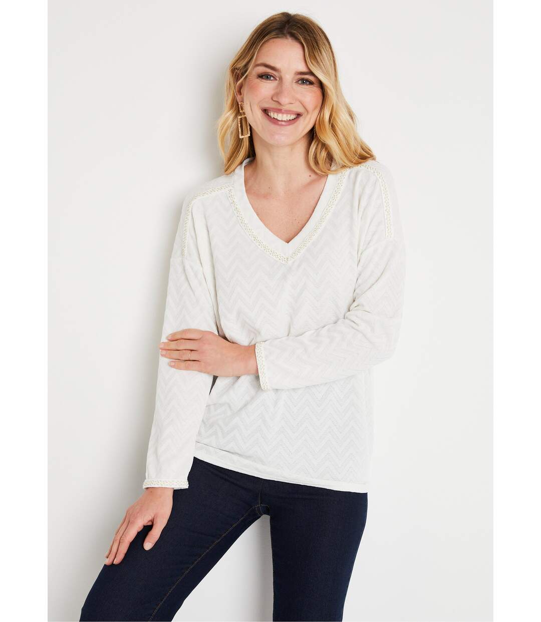 T-shirt long uni col V maille chaude-1