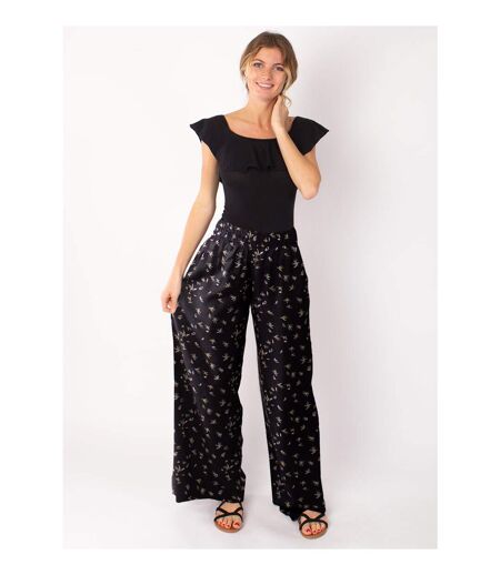 Pantalon fluide en viscose SANDY imprimé ethnique noir Coton Du Monde