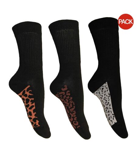 Pack of 3  Womens/ladies leopard print extra wide diabetic socks  black Simply Essentials