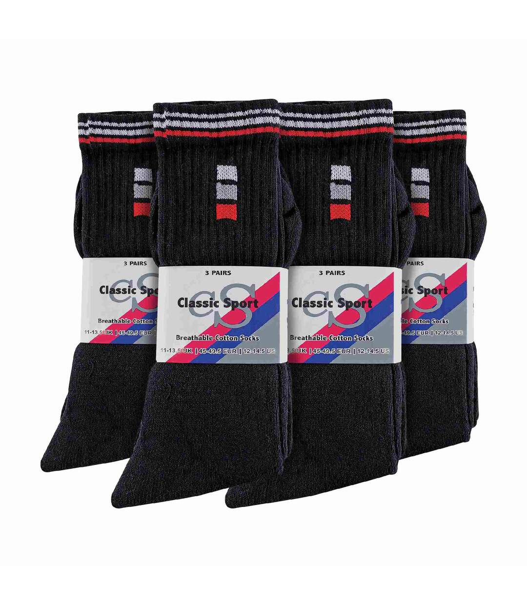 12 Pairs Mens Retro Stripe Cotton Sports Socks in White & Black-2