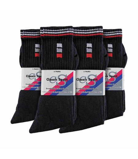 12 Pairs Mens Retro Stripe Cotton Sports Socks in White & Black