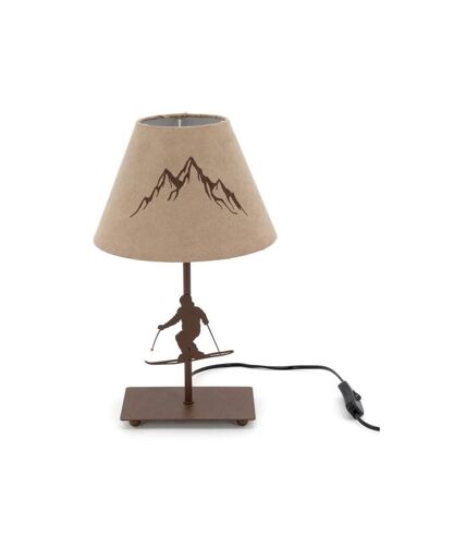 Lampe à poser Skieur – Abat-jour suédine beige, pied métal brun avec silhouette