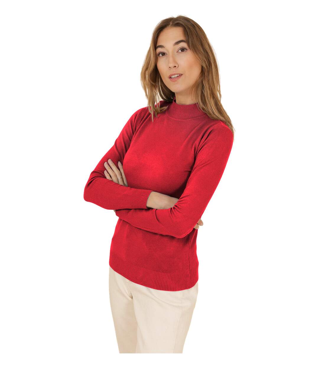 Pull femme de couleur rouge col montant manches longues.