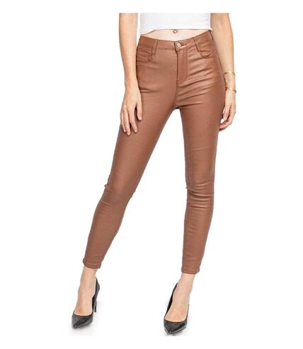 Jean femme slim fit enduit / Simili cuir Skinny Taille haute - Jean couleur marron.