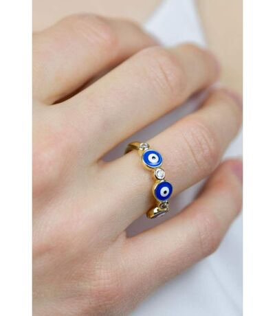 Adjustable Blue White Evil Eye Protection Slim Stacking Ring
