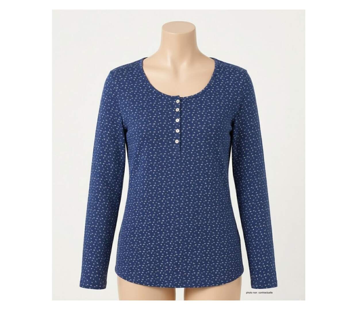 MAYFLOWER NOBEL3 : Tee-shirt manches longues bleu imprimé avec col rond boutonné-3