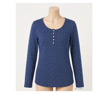 MAYFLOWER NOBEL3 : Tee-shirt manches longues bleu imprimé avec col rond boutonné