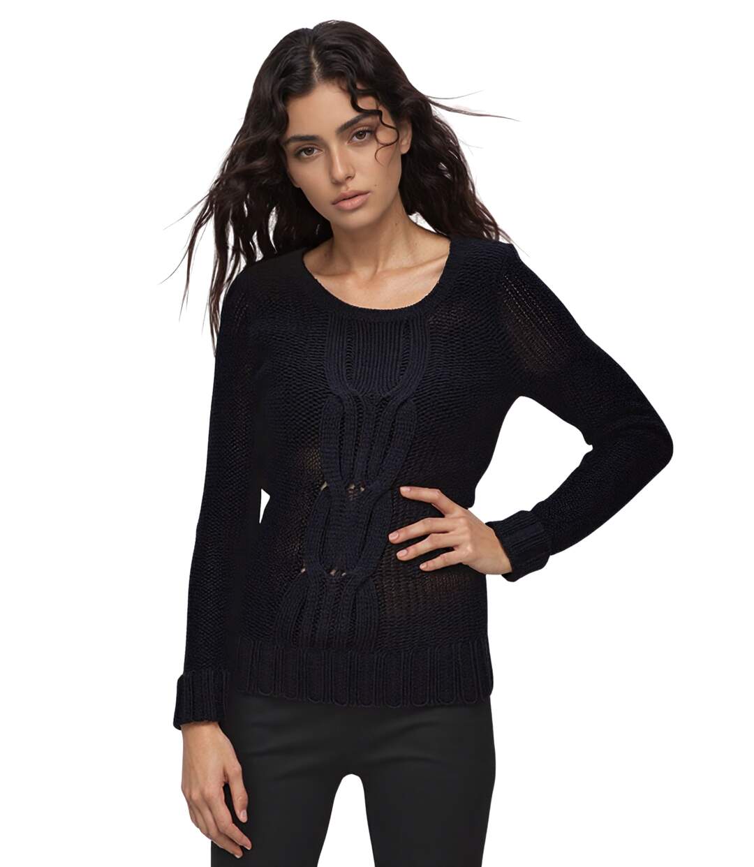 Pull Doux Femme Col Rond Noir - Manches Longues Torsadées-1