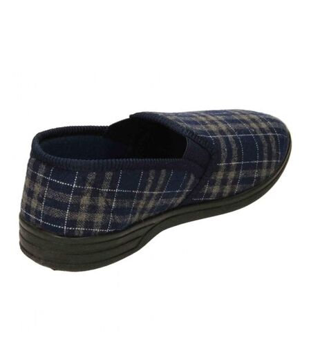 Mens Dale Checked Velour Slippers Navy Sleepers