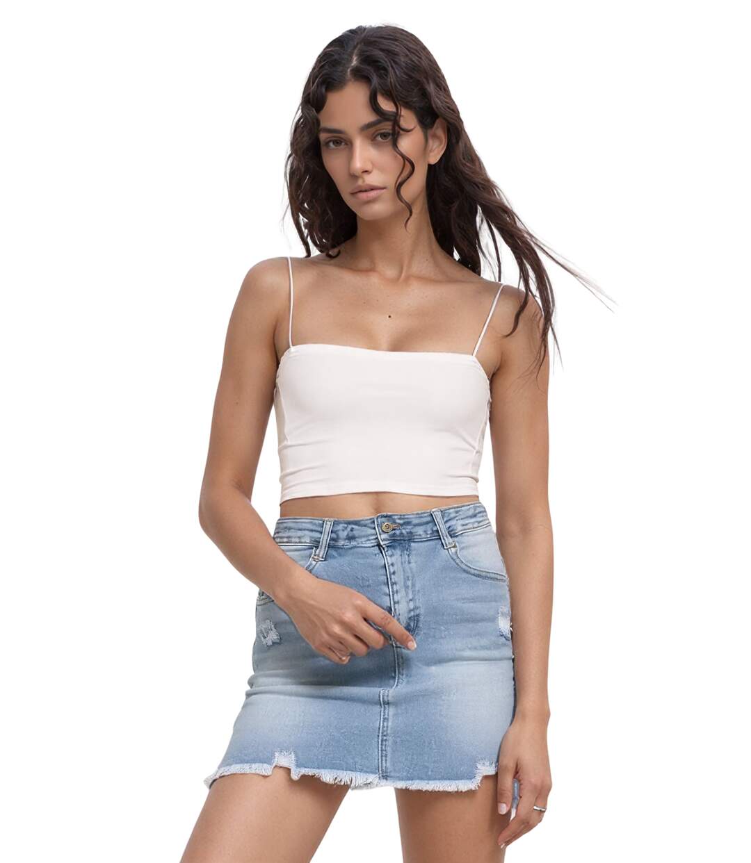 Jupe en denim pour femme - Style décontracté - Coupe droite et courte - Jean clair tendance-1