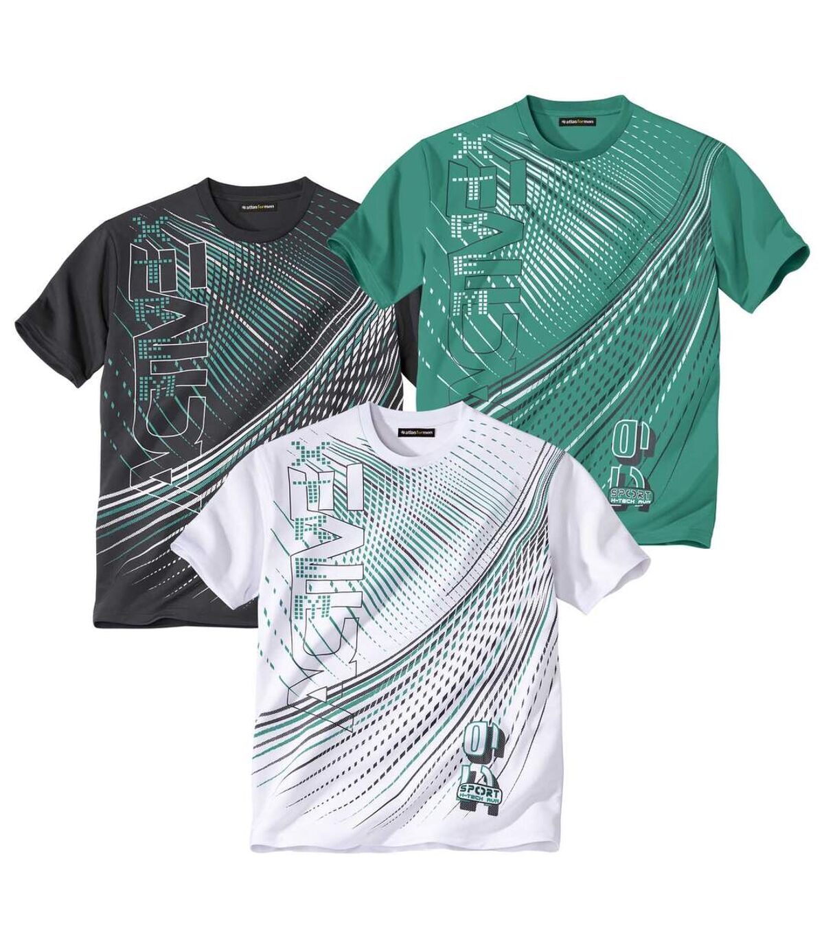 Pack of 3 Men's Active T-Shirts - Anthracite Green White Atlas For Men