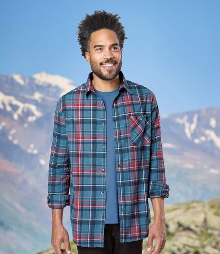 Men's Casual Checked Flannel Shirt - Blue Red White