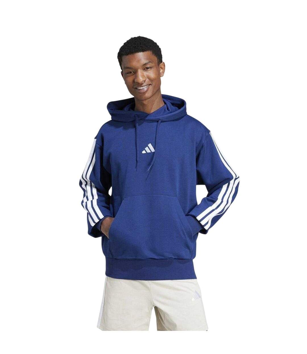 Mens Essentials 3 Stripes Fleece Logo Hoodie Dark Grey Black Adidas-1