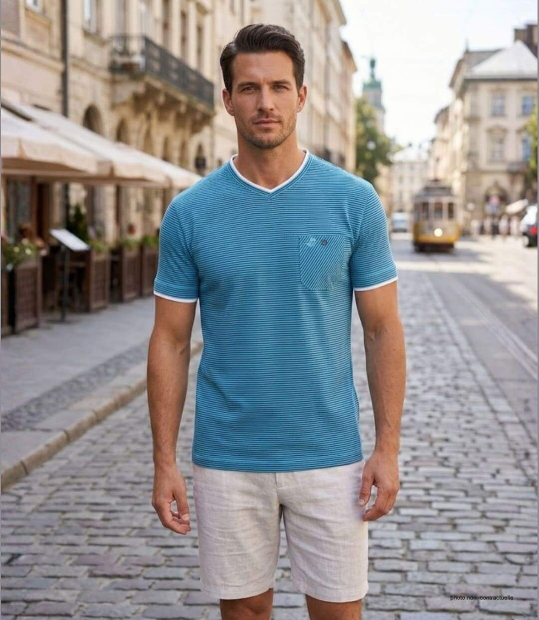 WINCHESTER SERPICO1 — Tee-shirt col V bleu : l'élégance décontractée en pur coton-5