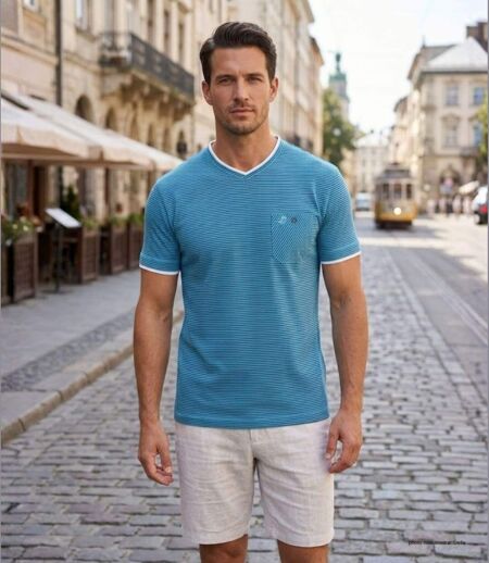 WINCHESTER SERPICO1 — Tee-shirt col V bleu : l'élégance décontractée en pur coton
