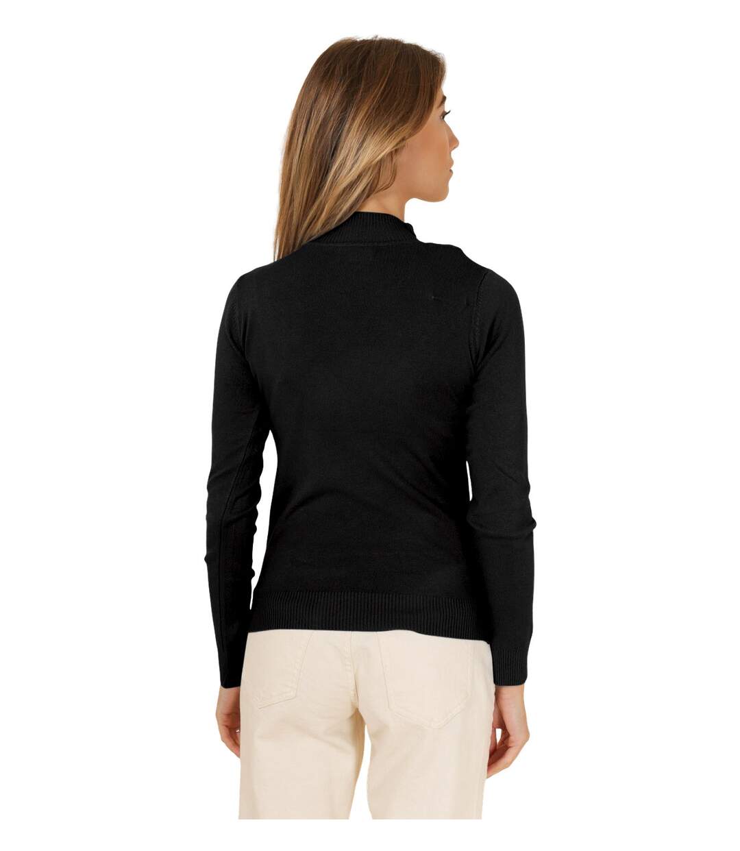 Pull femme de couleur noir col montant manches longues.