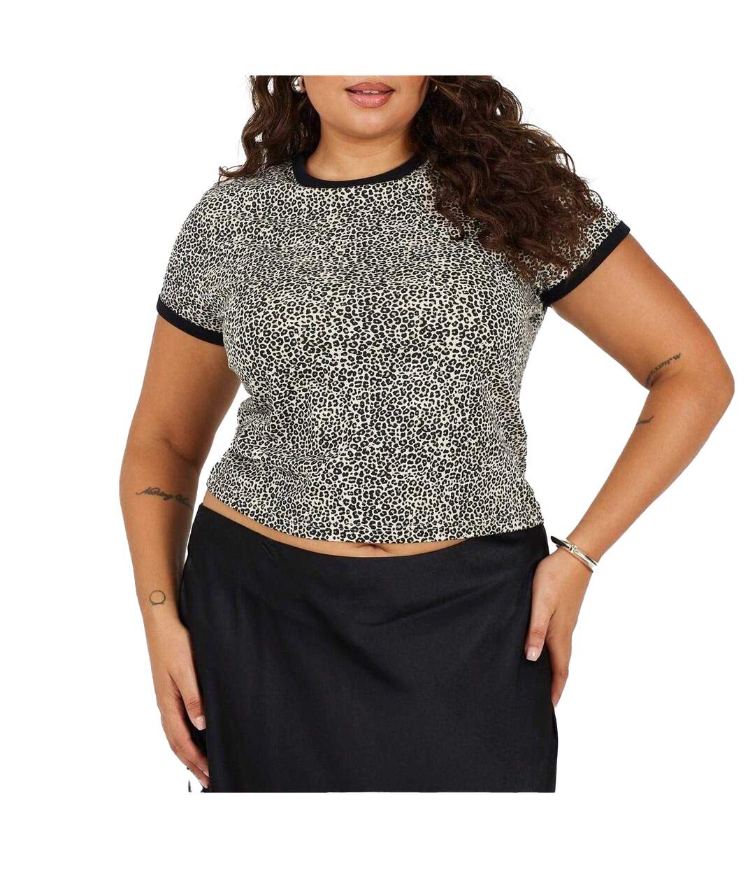 Womens/ladies Leopard Print Cropped Plus T-shirt Leopard Black Brave Soul-2