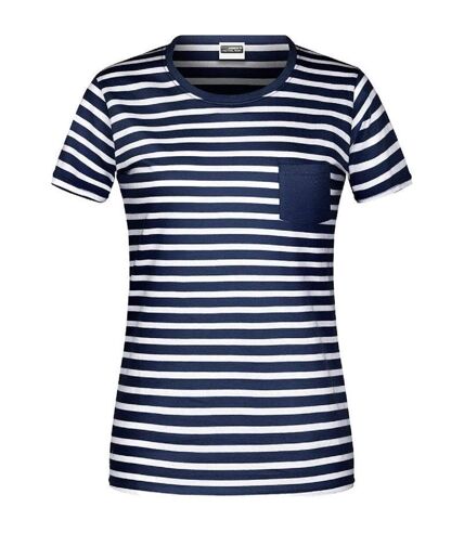T-shirt rayé coton bio marinière pour femme - 8027 - bleu marine et blanc