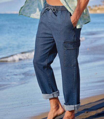 Men's Blue Denim Cargo Trousers - Elasticated Waist 