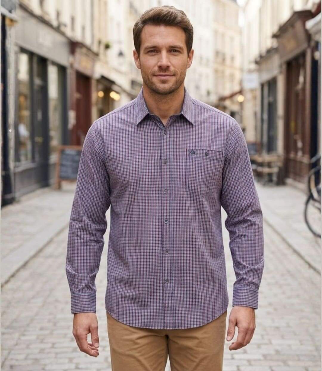 CHALLENGER TORY1 — Chemise à carreaux manches longues rouge et bleu : confort léger en popeline de coton-5