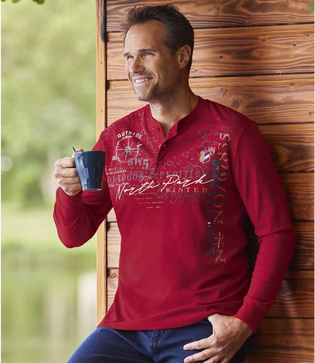 Pack of 2 Men's Printed Long Sleeve Tops - Red Indigo Blue-4